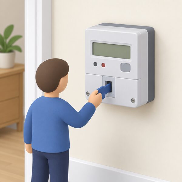 A domestic prepayment electricity meter mounted on a wall inside a home, shown close up with its key slot clearly visible and a small simplified figure inserting the key to top up credit before use.