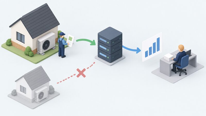 A simplified isometric flow scene: a small installer figure beside a domestic heat pump hands a record card into a database depicted as a stacked server or filing unit, from which a plain quarterly bar-chart sheet flows to a DESNZ-style statistics desk, with a faded uncertified installation left outside the flow.