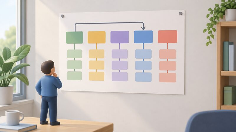 A printed chart sheet pinned on a wall showing five plain publisher blocks in a row, each linked by lines to stacked series blocks beneath it, with one arrow running from the DESNZ block across to the ONS block to show its data feeding into another publisher's release.