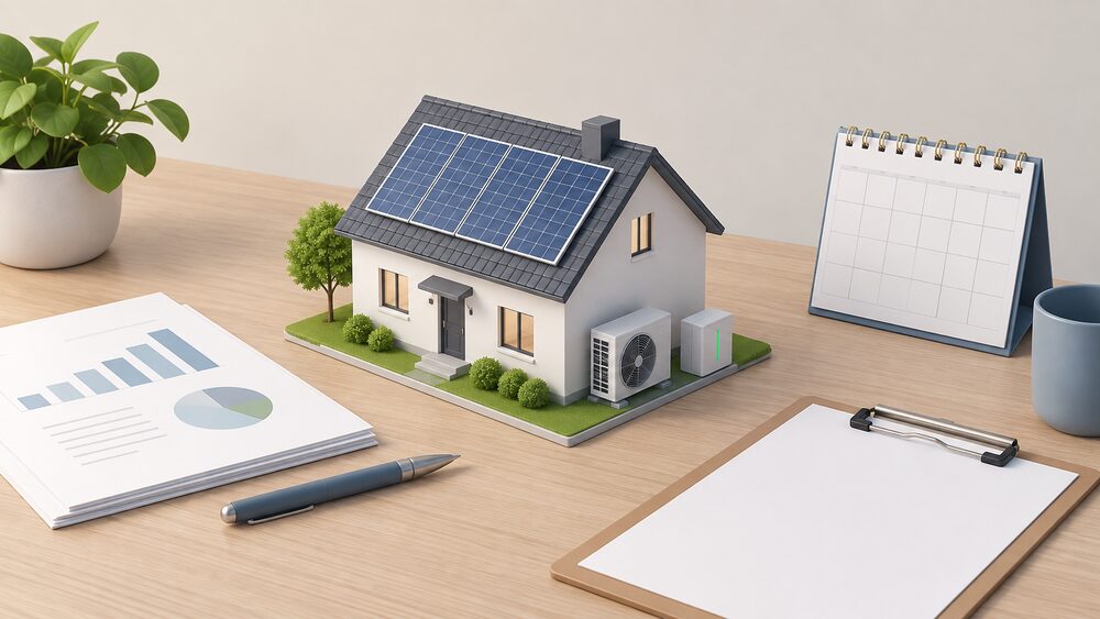 A small model house with solar panels on its pitched roof, a tiny heat pump unit standing beside its back wall and a small battery block at its side, arranged on a desk beside blank printed charts, a clipboard and a desk calendar.