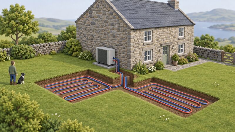 A small ground source heat pump unit standing on grass beside the rough stone wall of a Welsh cottage, with a simplified isometric cutaway showing the buried ground loop pipes running in trenches beneath the lawn and connecting into the unit.