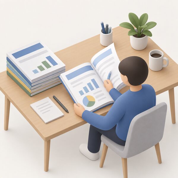 A desk scene showing a stack of official statistics reports as physical printed documents, with a simplified figure leafing through the top report, its pages showing plain colour bands and blank chart blocks with no readable words or numbers.