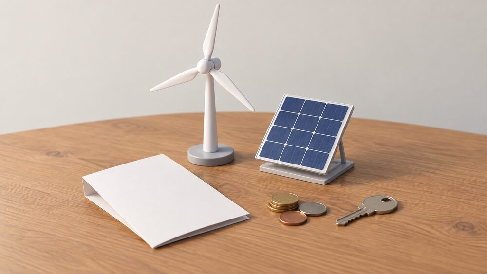A small model wind turbine and a miniature solar panel stand on a wooden table beside a blank folded document, a house key and a few coins, arranged as a household weighing up renewable energy options.