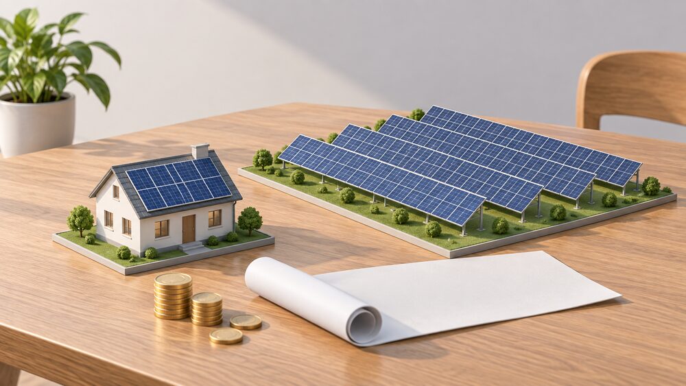 A small model of a house with solar panels on its pitched roof stands on a table beside a larger model of a ground-mounted solar farm of rows of panels, with a blank rolled map or chart and a few coins nearby, all lit by daylight.
