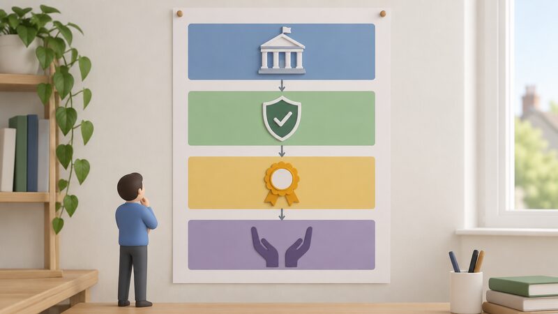 A large printed diagram sheet pinned on a wall, showing four stacked horizontal layers as plain colour bands, each band carrying a simple icon: a government building, a regulator's shield, a certificate rosette, and a pair of helping hands, with thin arrows linking the layers top to bottom.