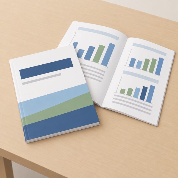 A printed government statistics report lying on a plain desk, its cover carrying plain colour bands and blank title blocks, with a few simple bar charts visible on an open page beside it.