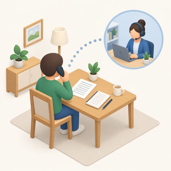 A simplified isometric figure sits at a home table holding a telephone handset to their ear, with a paper energy bill and a notepad beside them, while at the other end an adviser at a desk with a headset speaks into a phone, showing telephone advice about energy bills.
