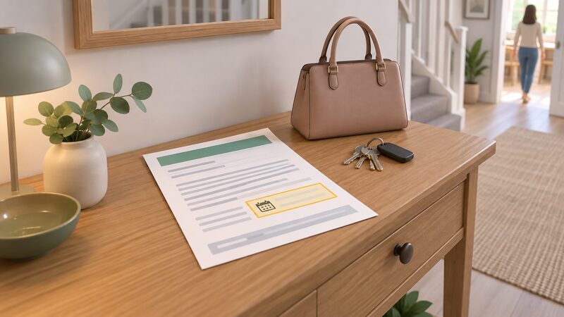 A paper MCS certificate lying on a domestic hallway table beside a handbag and keys, its layout shown as blank ruled lines and plain colour bands with a highlighted commissioning-date block, no readable words or numbers.