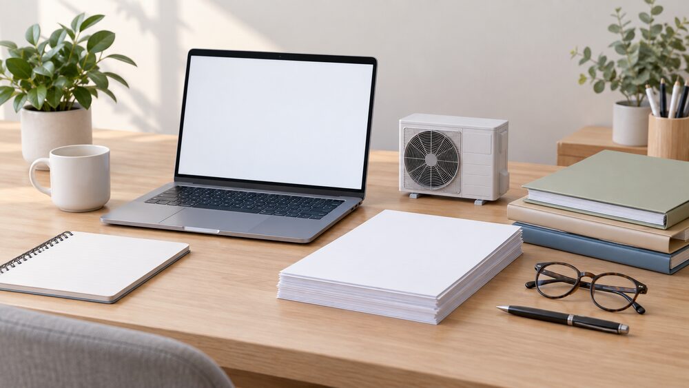 A tidy desk in daylight with a laptop showing a blank screen, a stack of blank printed reports and folders, a pair of reading glasses and a pen, and a small model of an air source heat pump fan unit standing beside the paperwork to represent the household energy data being published.