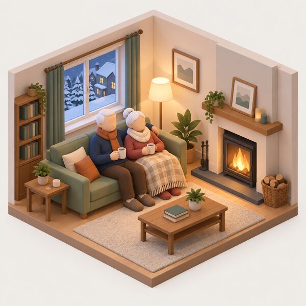 A pension-age couple sitting together in the living room of their home on a winter evening, dressed warmly with a lit fire or radiator nearby, shown as an ordinary household whose oldest member's age determines the fixed winter payment amount.