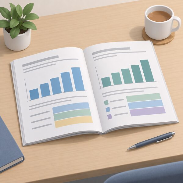 A printed official statistics publication lying open on a desk, its pages showing plain bar charts and colour blocks standing for annual figures on Winter Fuel Payments made to recipients, with blank lines instead of any readable words or numbers.
