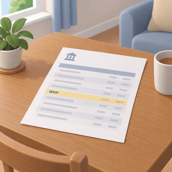 A paper bank statement lying on a table in a home, with a line entry marked only as a plain highlighted band representing the WHP payment, no readable figures.