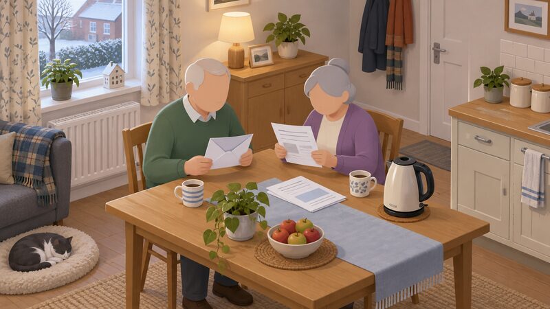 An older couple at their kitchen table in a UK home, one holding an opened plain envelope while the other reads a letter showing the payment amount only as a blank line, with a kettle and a domestic energy bill lying nearby.