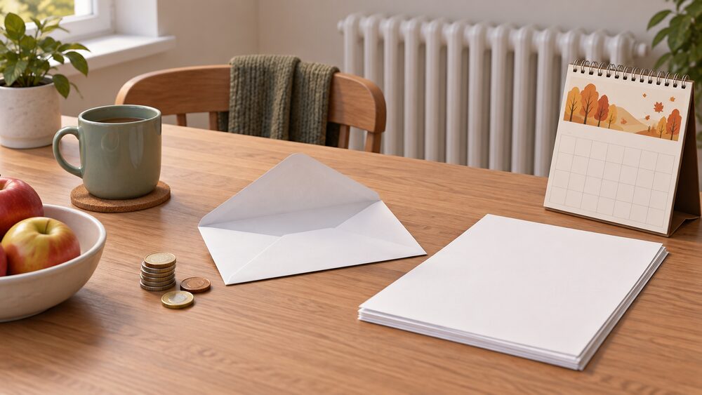 A plain white envelope lying open on a kitchen table beside blank paperwork, a small stack of coins, and a wall calendar showing a single autumn month, with a radiator visible in the background of the room.