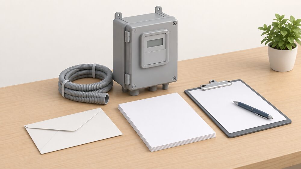 A small model of a grey electricity meter box with coiled ducting beside it sits on a table next to blank application paperwork, a clipboard with a pen, and a sealed envelope, representing the start of a supply upgrade application.
