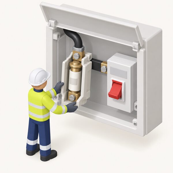 A close view of an open consumer unit with the main fuse carrier pulled forward, showing the network operator's fuse seated between incoming service cable terminals and the unit's main switch, with a simplified isometric figure of a network operative holding the carrier.