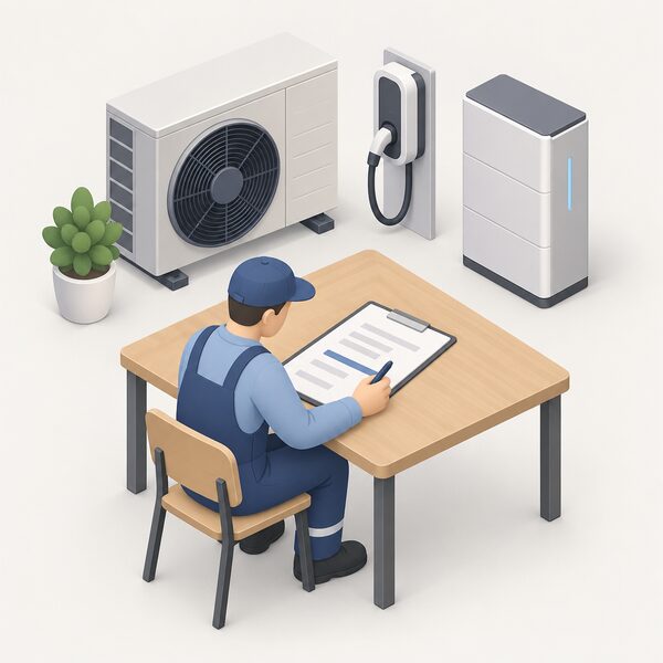 A connection application form lying on a table beside a pen, with the power requirement field filled in as a plain written line rather than left blank, while a small isometric figure of an installer completes the entry, with a heat pump, EV charger and battery shown nearby as the equipment the stated demand covers.