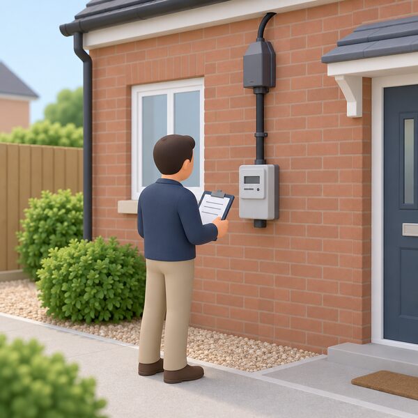 A surveyor in plain clothing stands outside a British house at the electricity meter and incoming supply, clipboard in hand, inspecting the meter and service head so the visit can produce a price for the upgrade work.