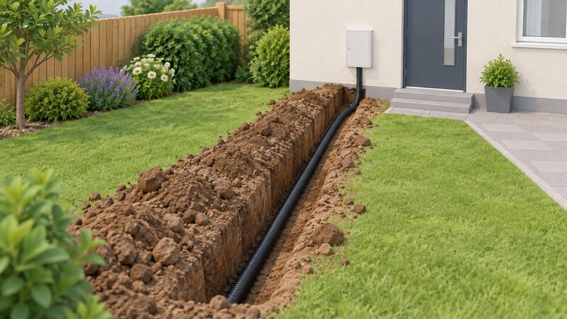 An open trench dug across a householder's garden leading towards the external wall of a house, with a length of black circular ducting laid along the base of the trench ready for a service cable to be drawn through later.