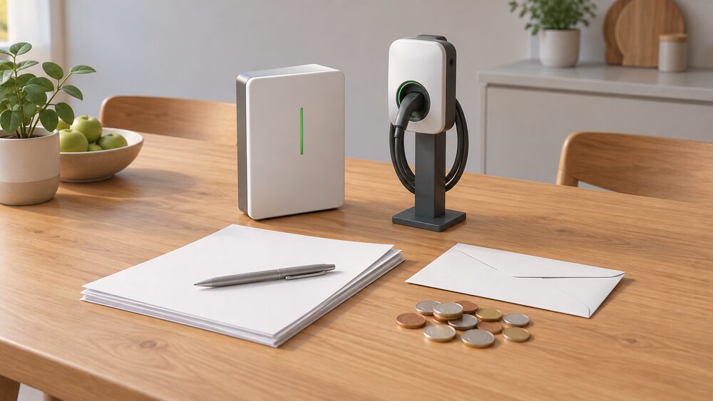 On a kitchen table, a small model of a wall-mounted home battery and a small model of an electric vehicle charge point on a post sit beside a stack of blank paperwork, a plain envelope and a scatter of coins, suggesting a household signing up to earn from grid balancing services.