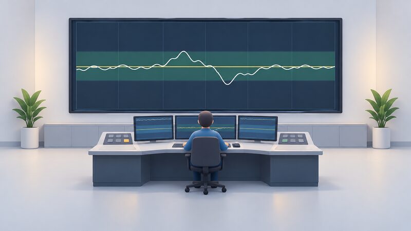 A grid control room scene with a large wall display showing a frequency trace line wavering around a straight horizontal 50Hz reference line, watched by a simplified operator figure at a desk with smaller screens.