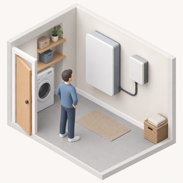 A wall-mounted home battery unit installed indoors on a utility room wall, connected by a cable to a small inverter beside it, with a simplified isometric figure standing nearby looking at it, showing the battery as the asset that can adjust its output within seconds.