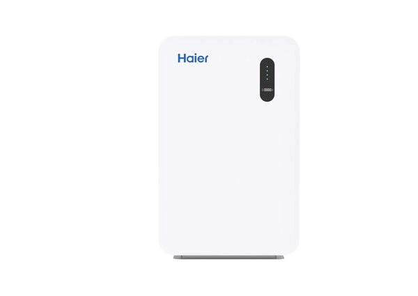 A white Haier home battery storage unit with a small status display, shown on a plain white background