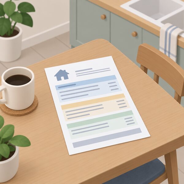 A simple paper household energy bill lying on a kitchen table, drawn as a physical document with plain colour bands and blank lines standing in for its cost components, so the bill is shown as the route through which balancing costs reach the home.