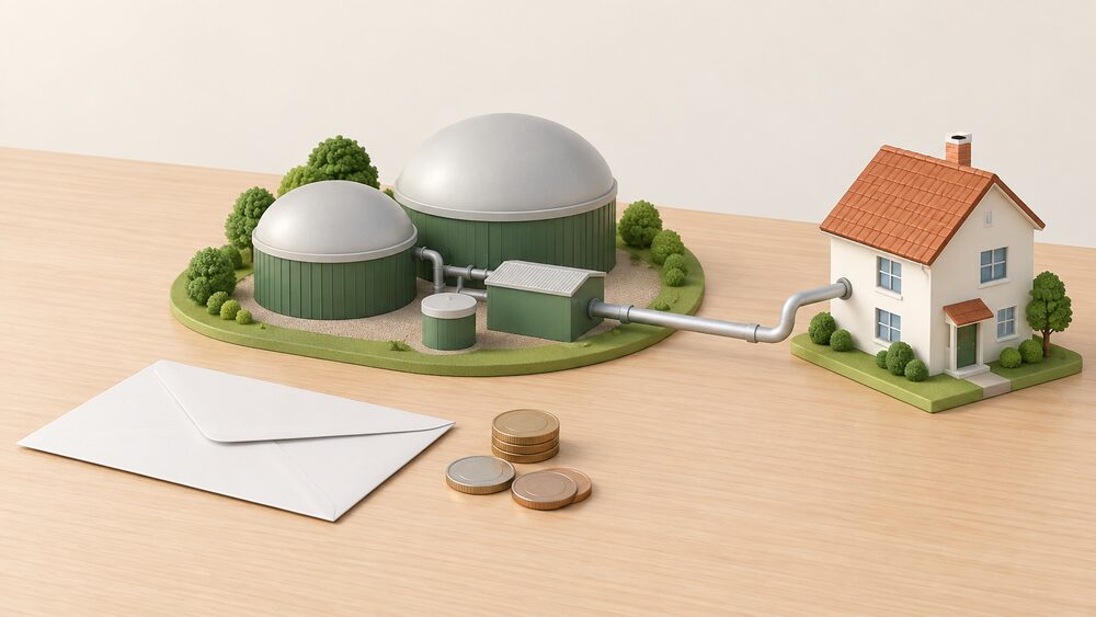 A small model of an anaerobic digestion plant with sealed digester tanks and a pipe running to a small model house, arranged on a table beside a plain envelope and a few coins to suggest a green gas tariff bill.