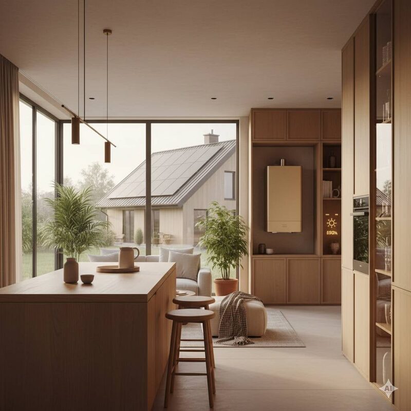 A wall-mounted gas boiler in a modern open-plan kitchen, with a house with solar panels visible through the window