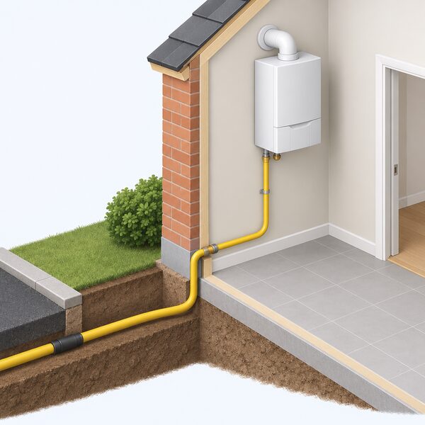 A cutaway view of a domestic gas boiler on an inside wall, connected by a yellow gas supply pipe to a polyethylene distribution pipe entering the home from the street, with no new equipment, meter or appliance changes shown.