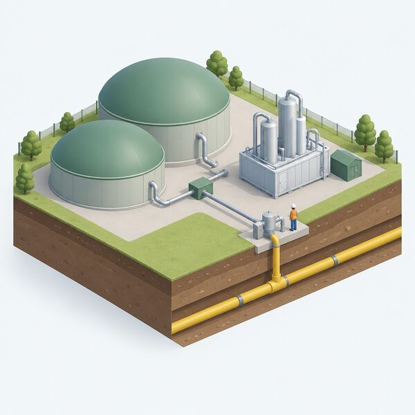 A simplified isometric view of an anaerobic digestion biomethane plant with domed digesters and a gas upgrading unit, connected by a short pipeline to an injection point feeding into the underground gas distribution network, with a small figure standing beside the injection point.