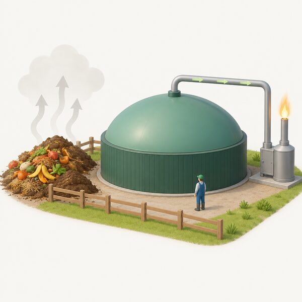 A domed anaerobic digestion tank on a farm receiving food waste and manure, with a gas pipe from its dome carrying captured methane to a small flare or upgrading unit, while a faded arrow above a heap of waste shows the methane that would otherwise escape to the open air.