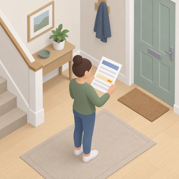 A simplified isometric figure stands in a home hallway holding a paper gas bill, shown as a physical sheet with plain colour bands and blank lines including one small highlighted levy line, with no readable words or numbers anywhere on it.