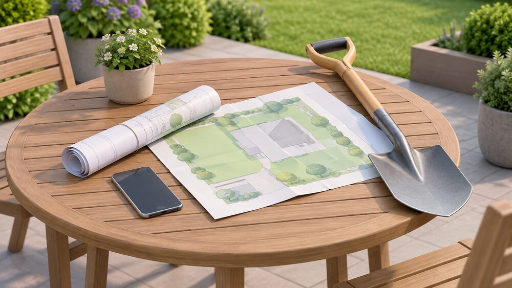 A rolled network cable-route plan and a folded site plan lie on a garden table beside a clean spade and a mobile phone, ready for a homeowner to check cable locations before digging in the garden.