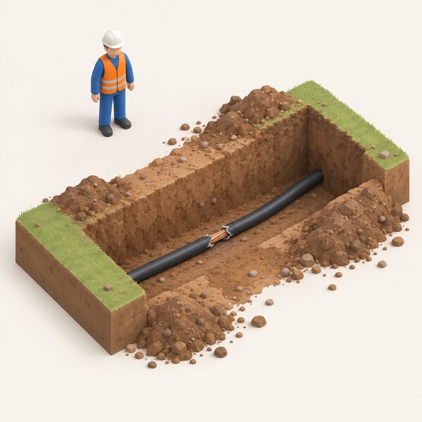 A small excavation trench in the ground exposing a damaged underground electricity cable, with a simplified figure standing a clear distance back from the edge of the excavation, keeping well away from the hazard.