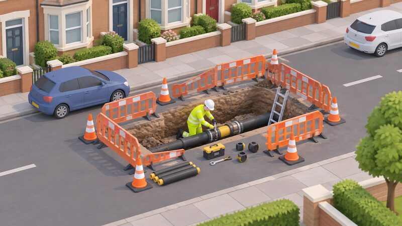 A gas network engineer in high-visibility clothing and safety helmet works within a fenced-off open excavation in a residential street, repairing a gas main with tools and pipework beside the trench, while terraced houses and parked cars line the road behind.