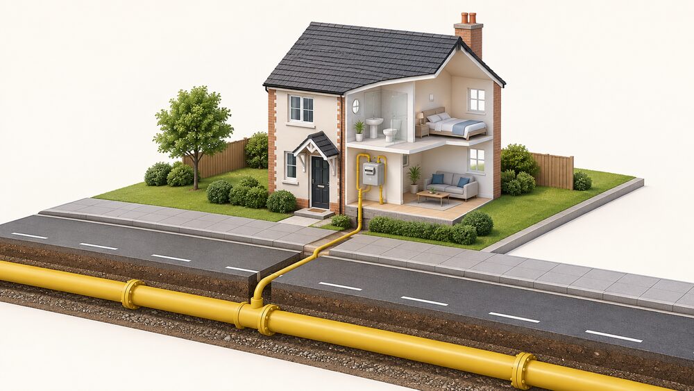 A cutaway street scene showing a large gas main pipe running beneath the road with a smaller service pipe branching off it and rising up to a house at the pavement edge, entering the home toward the gas meter position.