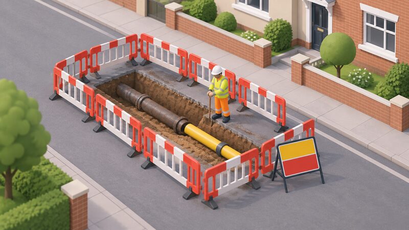 An open trench on a residential road with an old metallic gas pipe being replaced, surrounded by temporary barriers and a plain works sign, with a simplified worker in high-visibility clothing standing at the trench edge.
