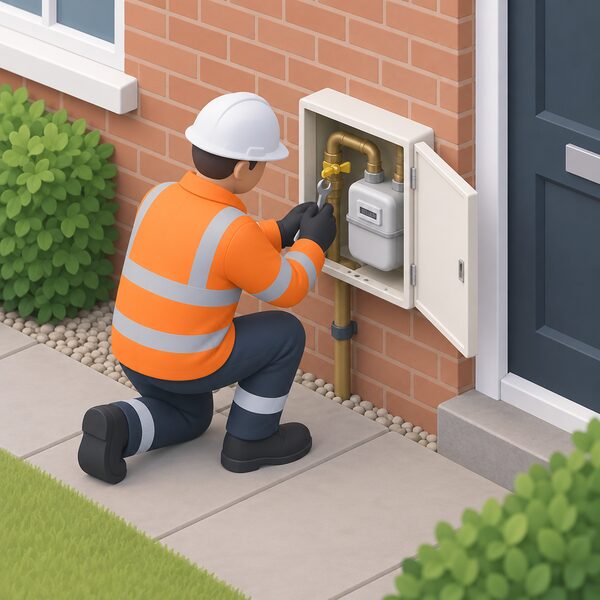 A Cadent engineer in plain work clothing kneels at the external gas meter box on the outside wall of a house, checking the meter and supply pipework with a hand tool before the gas can be safely turned back on.
