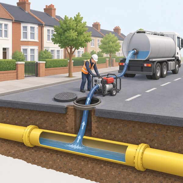 A Cadent engineer in plain work clothing operates a pump at an open access point on a flooded underground gas main in a North London street, with a hose drawing water out of the pipe and discharging it into a tanker or drain at the roadside.
