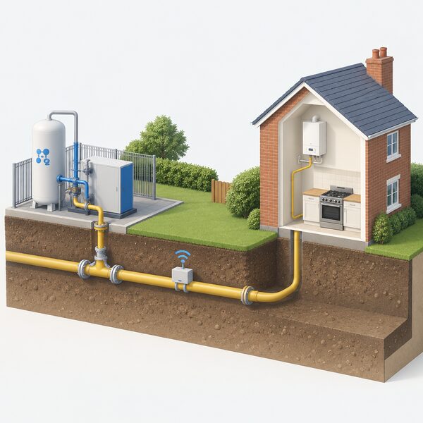 A cutaway scene showing a hydrogen injection point where a blending unit feeds hydrogen into an existing underground gas main that continues to a nearby house with its boiler and cooker connected as normal, with a small sensor unit on the pipe monitoring the blended gas and no digging or work visible at the household end.