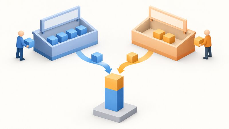 A simple diagram showing two auction boxes, one labelled only as four years ahead and one as one year ahead, each with plain capacity blocks flowing by arrows into a single delivery-year bar, with the one-year-ahead box topping up the four-year-ahead contribution to fill the bar completely.