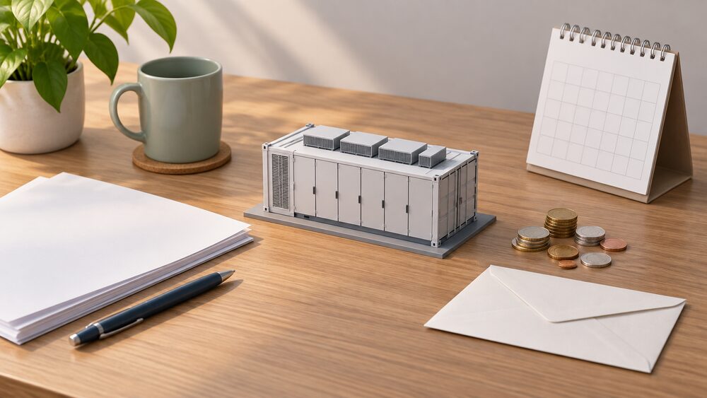 A small model of a grid-scale battery unit standing on a wooden table beside blank paperwork, a scatter of coins, a plain calendar and a sealed envelope, suggesting the auction payments that reach household bills.
