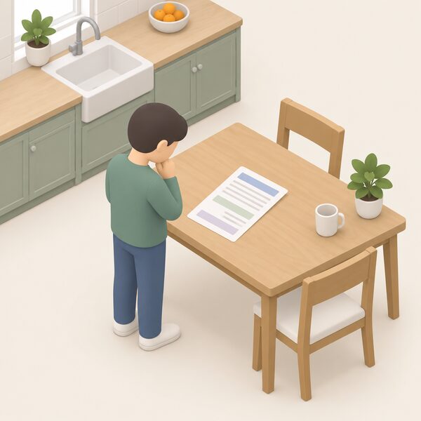 A paper household electricity bill lying flat on a kitchen table, its content shown only as blank lines and plain colour bands, with a simple isometric figure standing beside the table reading it.