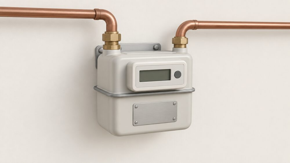 A close-up of a domestic gas meter mounted on a wall, with copper inlet pipework running to it from one side and outlet pipework away on the other, a blank meter face and an unmarked identification plate, and nothing else in the frame.