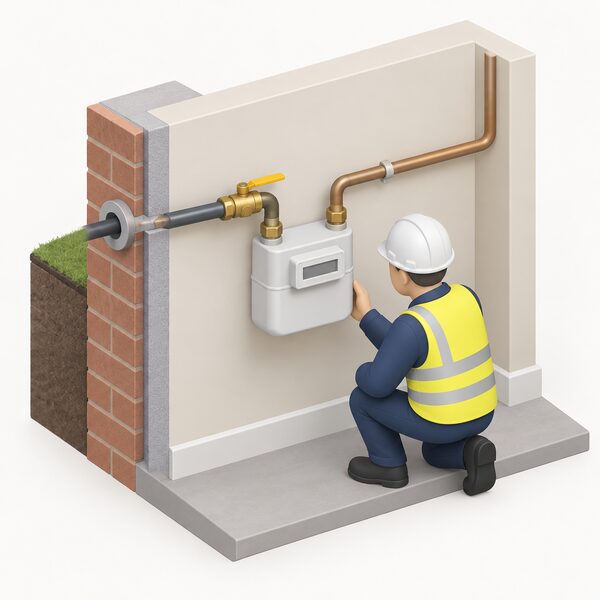 An indoor domestic gas meter mounted on a wall inside a home, with the network's inlet pipe entering through the external wall and the outlet pipe running onward into the house, shown with a simplified engineer figure inspecting the meter installation.
