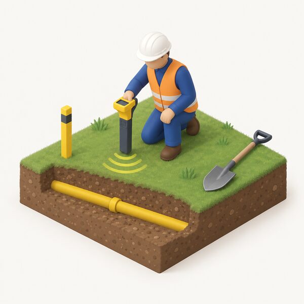 A small isometric figure kneels on a patch of ground holding a pipe locator over the soil, with a yellow marker post and a shallow exposed gas pipe nearby, and a spade resting unused at the edge of the marked area.