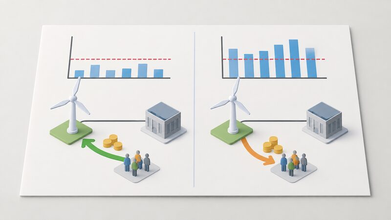 A printed diagram sheet showing a low-carbon generator connected to a wholesale market box, with a horizontal strike price line and two opposite arrows: one flowing from billpayers to the generator when the market price sits below the line, and one flowing back when it sits above.