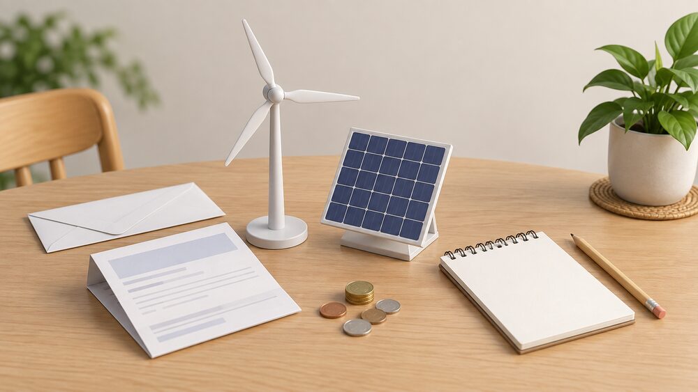 A small model of an offshore wind turbine and a solar panel stand on a kitchen table beside a folded electricity bill, an envelope and a few coins, with a blank notepad and pencil nearby.